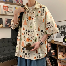 夏宽松美式复古趣味卡通满印短袖衬衫情侣XZ225-3-CS05-P35控45，男装衬衫，星座225-3