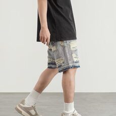 夏季破洞牛仔短裤男潮胖宽松加肥加大码漏洞五分裤破中裤，男装牛仔裤，星座506A