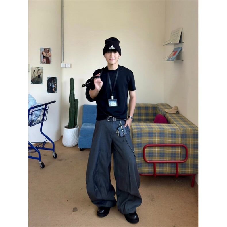 行星世界 高级设计感弯刀西裤拼接铆钉休闲裤男女垂坠感拖地裤子图片