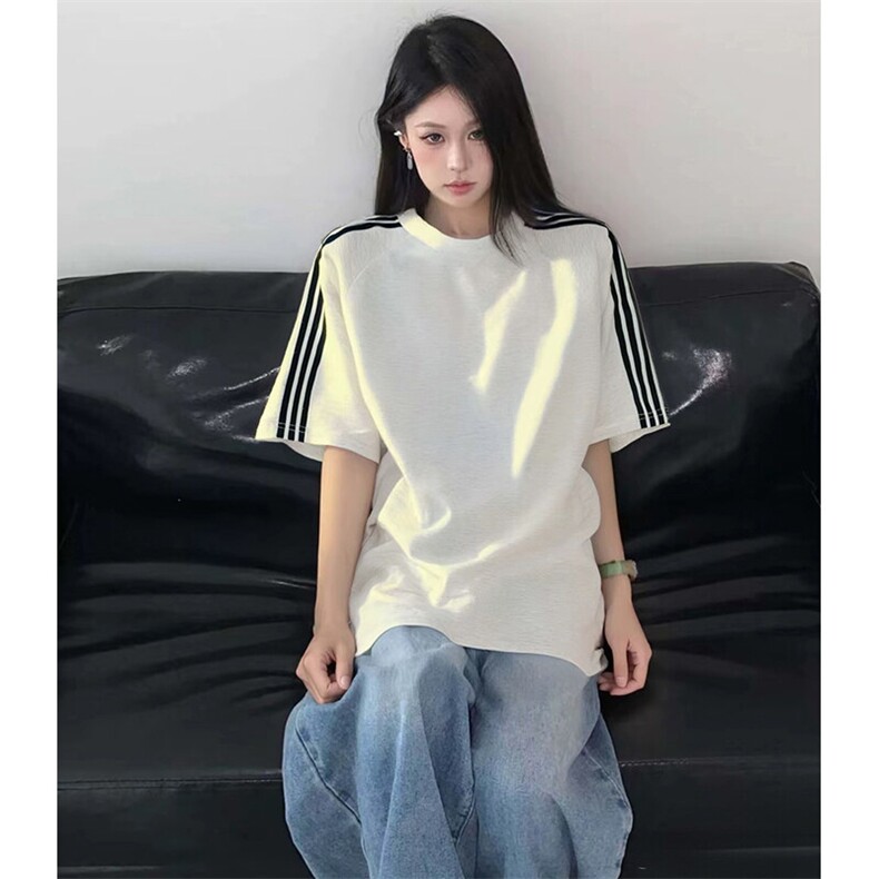 抖音得物品质二开240克宽松纯棉美式潮牌印花三条杠中性风短袖T恤,男装T恤,电商A486-1
