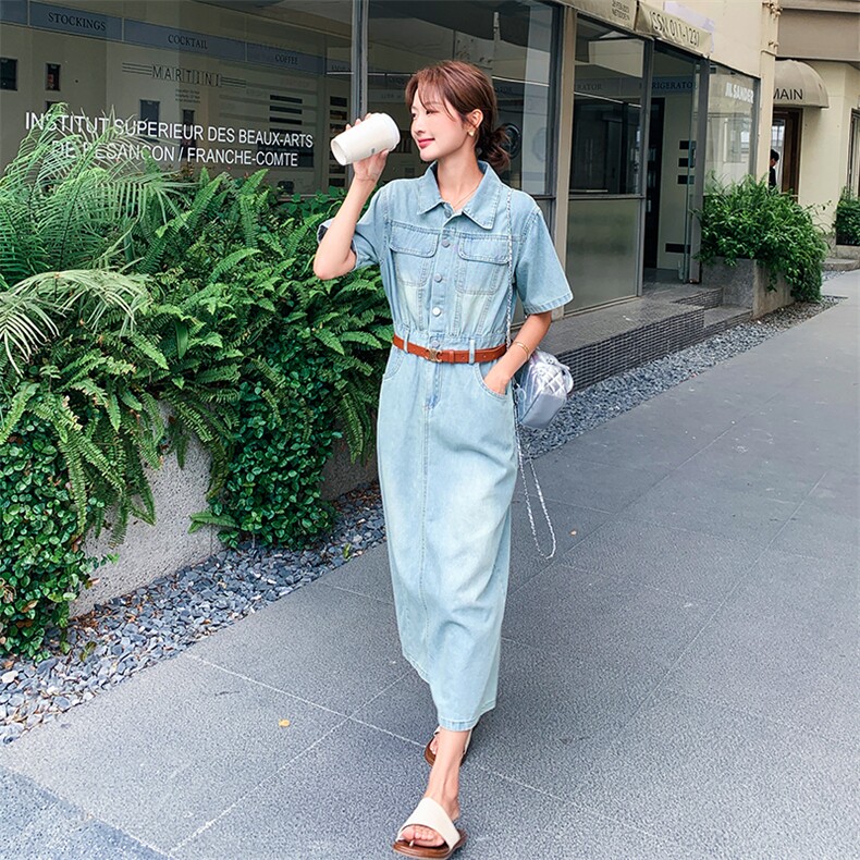 夏日蓝色复古收腰牛仔连衣裙2025新淡人港风设计感又酷又飒中长裙,女装连衣裙,2D078