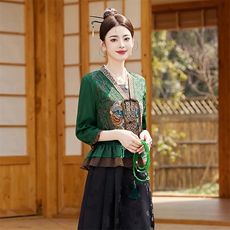 民族风刺绣V领漂亮女2025夏装时尚年轻复古改良汉服，女装衬衫，宝儿家
