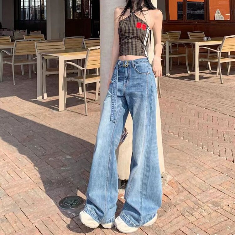 秋冬新款美式复古拼接微喇叭牛仔裤女显瘦设计感腰带马蹄阔腿裤子,男装牛仔裤,星座218-8