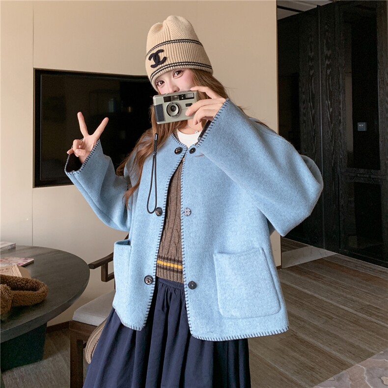 撞色双面呢羊毛大衣女冬小个子毛呢外套,女装毛呢外套,2C218