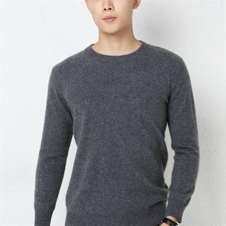 时尚男士圆领衫35%保暖舒适经典灰色百搭款，男装羊绒套衫，尚达羊绒