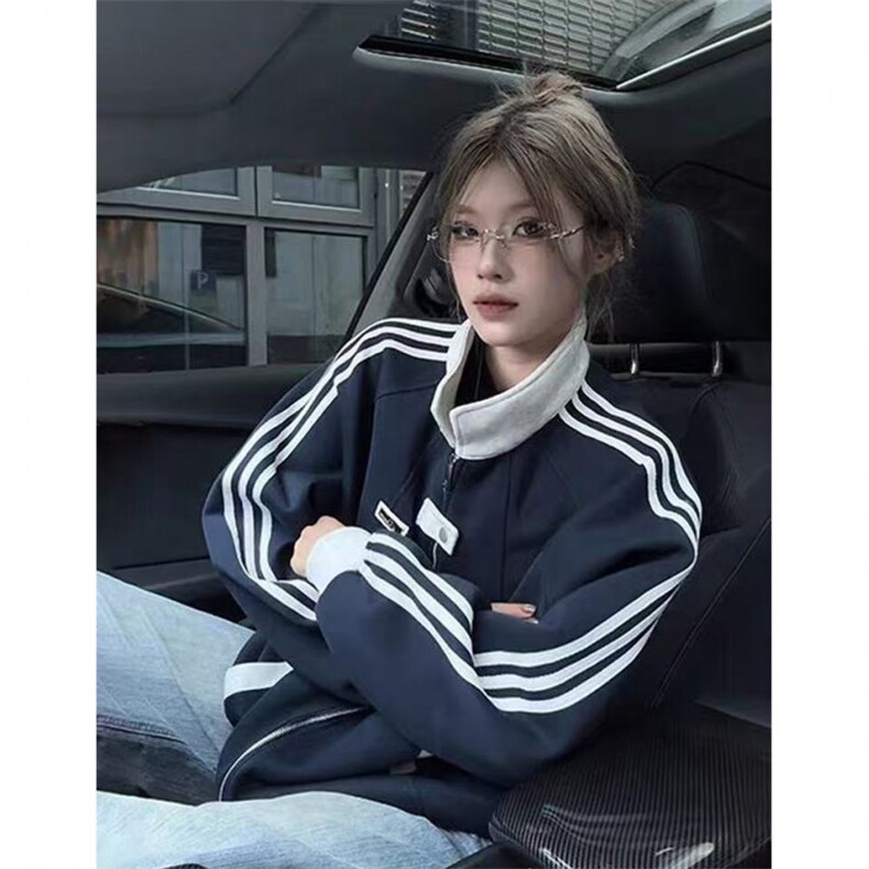 网图现货 藏青色美式撞色翻领秋冬运动外套W023特P50图片