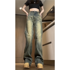 春季新款美式高街复古水洗泥巴黄微喇牛仔裤B315-K24017-P60控78图片
