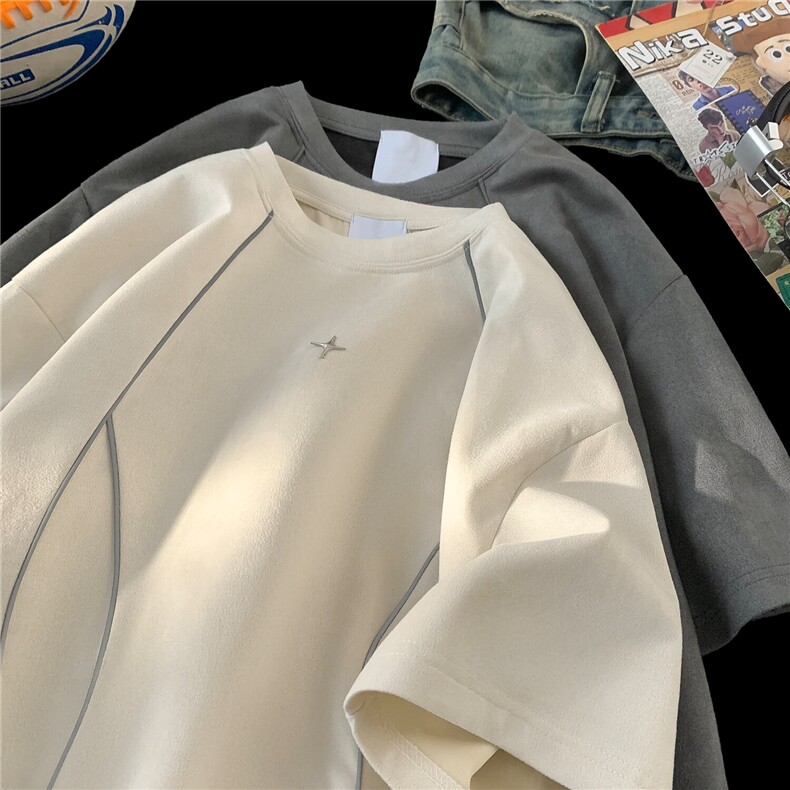 夏季新品设计感美式高街鹿皮绒反光条情侣短袖上衣男H935P35,男装T恤,电商A341
