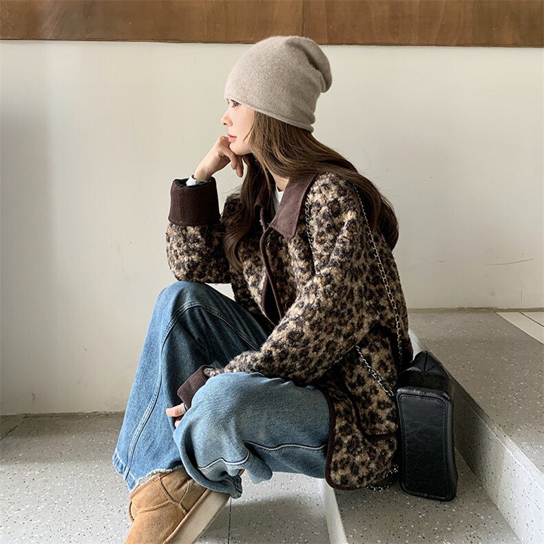 灯芯绒翻领拼接豹纹羊羔毛皮毛一体外套女秋冬2024新款机车服棉服,女装羊羔毛/颗粒绒,浙宝069