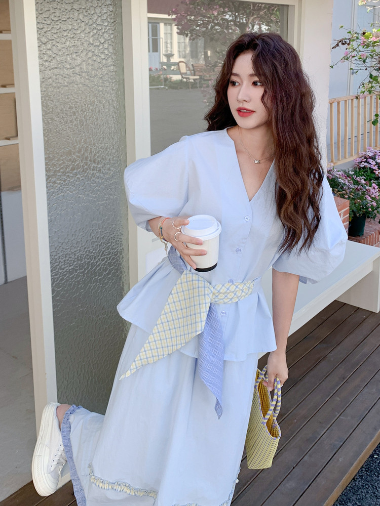 蓝色法式气质套装裙女2025夏季新款超好看泡泡袖上衣半身裙两件套,女装套装/套裙,慧尚依恋
