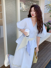 蓝色法式气质套装裙女2025夏季新款超好看泡泡袖上衣半身裙两件套，女装套装/套裙，慧尚依恋