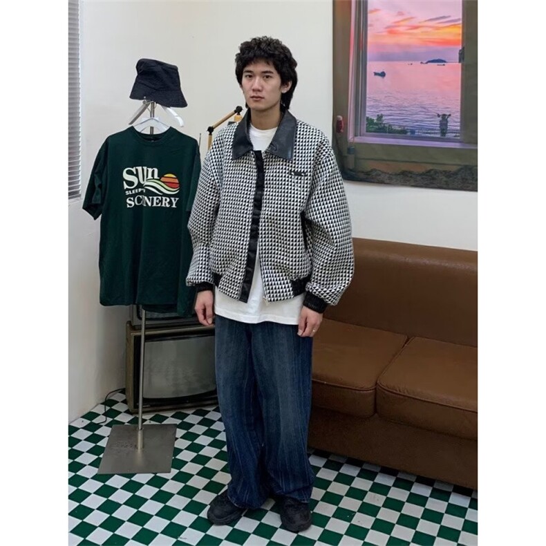 春秋季千鸟格外套男高街潮牌宽松休闲情侣装翻领夹克上衣,男装夹克,四季星座505