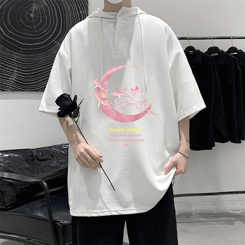 LD54209-P45 连帽短袖t恤男大码胖子带帽五分袖中袖 大皂风图片