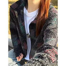 彩色格子开衫款高级翻领毛茸外套痞帅情侣上衣WM26-P74，女装短外套，星座208-5