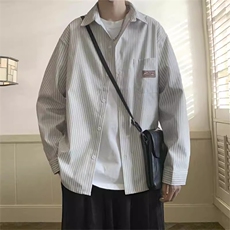 日系cityboy条纹翻领衬衫男秋冬宽松百搭青少年衬衣潮牌bf风外套，男装衬衫，星座1210-1