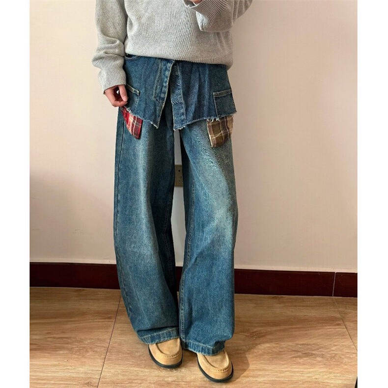 美式解构双腰头拼接弯刀牛仔裤男女设计感宽松阔腿裤子-N7683图片