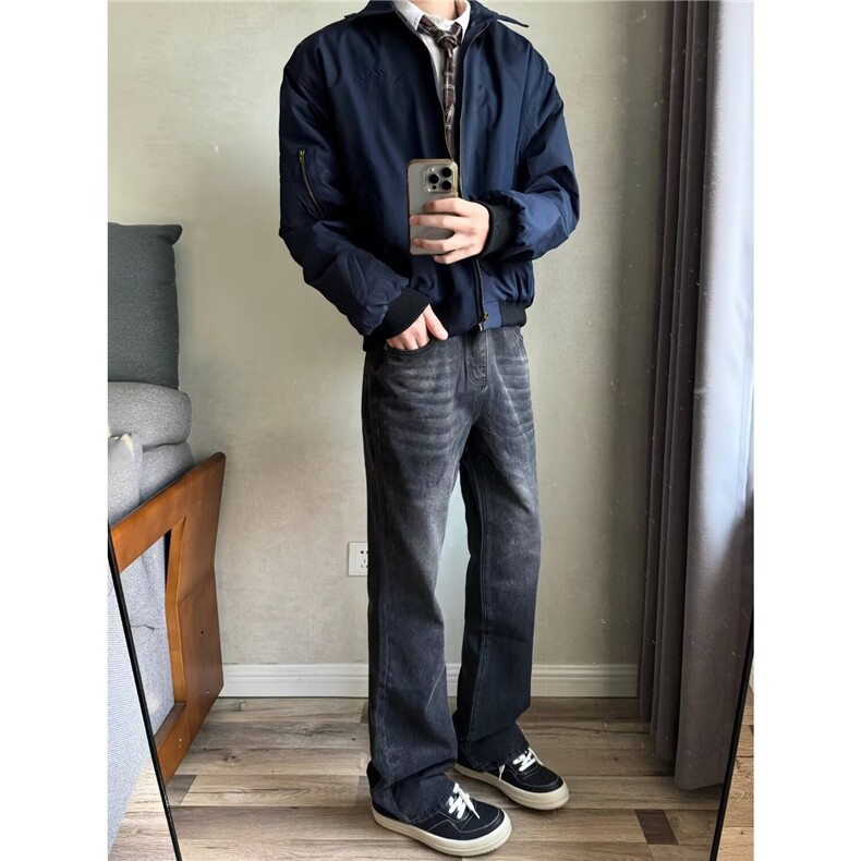 W05-P57美式复古藏青色飞行夹克外套男潮牌高级感cleanfit翻领,男装夹克,电商B323A