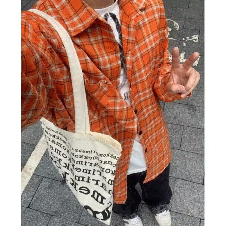 【有货】DC3064-特批32美式防晒橙色格纹长袖衬衫男宽松情侣衬衣图片