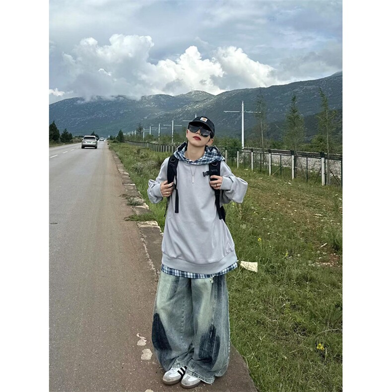 日系复古慵懒假两件连帽格子宽松秋拼接撞色卫衣打底男W96,男装卫衣,星座1116A（原606A-3）
