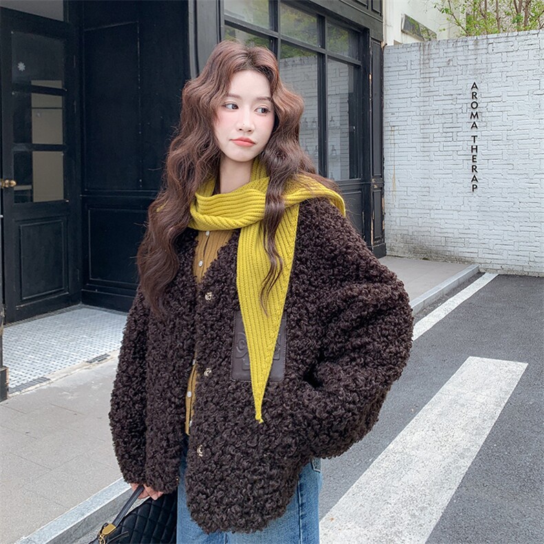 咖色皮毛一体羊羔毛外套女2C317A-8538-P195-K299,女装短外套,2C317A