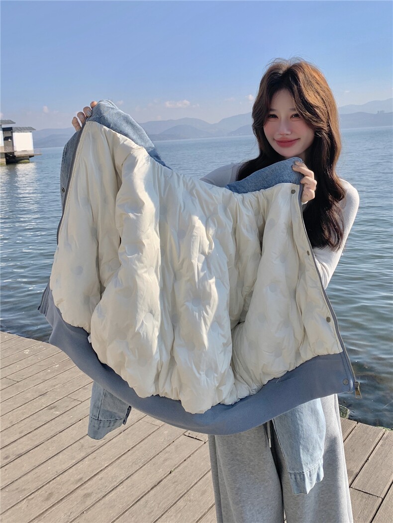 美式复古宽松加绒保暖羽绒内胆连帽牛仔外套女可拆卸毛领宽松夹克,女装羽绒服,艾米莉亚