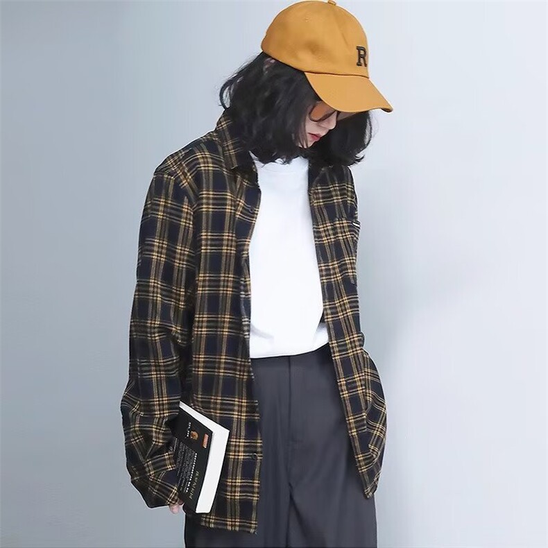 日系复古cityboy格子衬衫男长袖春秋款宽松情侣休闲外套LC655-p40,男装衬衫,星座1008