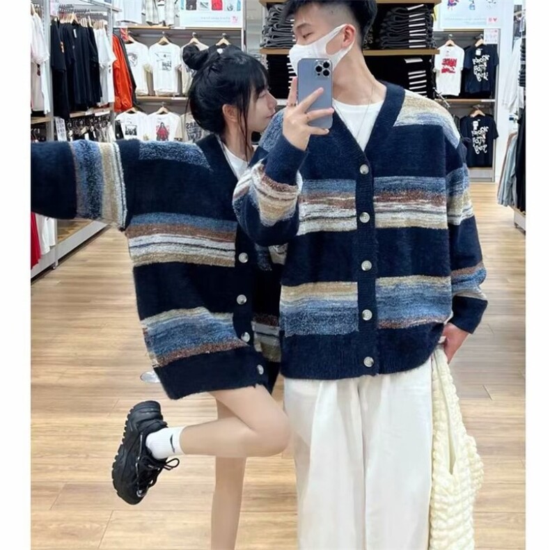 软糯条纹毛衣日系开衫针织男女上衣保暖百搭情侣长袖冬季渐变色潮,男装针织衫/毛衣,星座506A