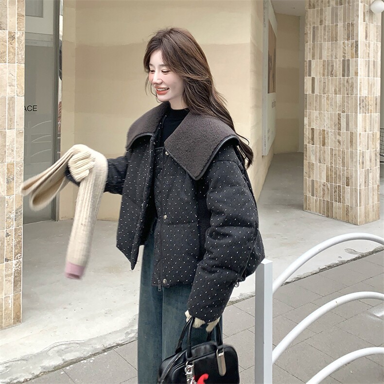 羊羔毛大翻领米白色羽绒服外套女冬季2025新款小个子学院风面包服,女装羽绒服,2C203