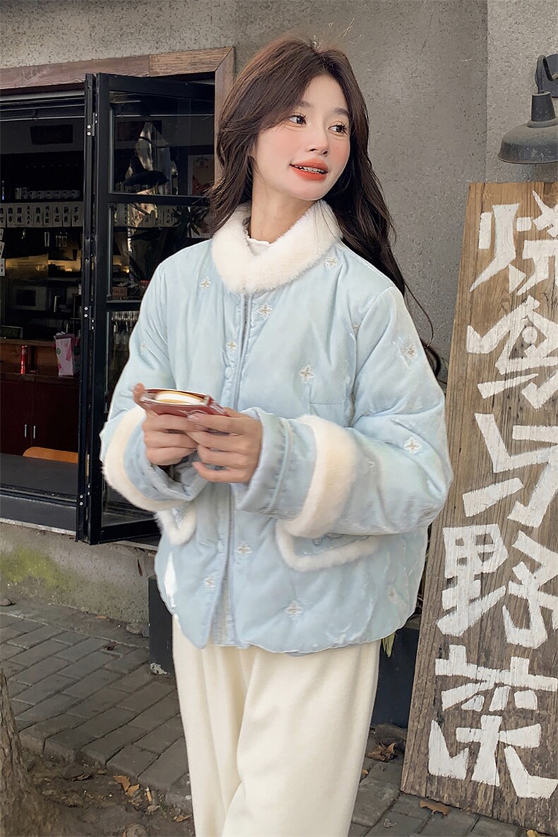 新中式国风减龄拼接毛毛羽绒服女2025冬季新款显瘦加厚白鸭绒外套,女装羽绒服,2C057