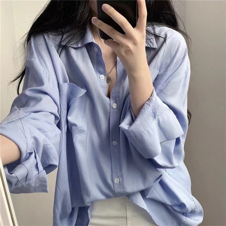 慵懒风白色防晒衬衫女夏秋季薄款中长款衬衣外套长袖女装上衣,女装衬衫,多米女装批发