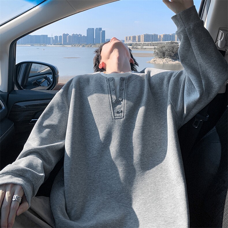 特批P40无差价秋季420g重磅复古假两件华棉亨利领大码卫衣男W5419,男装卫衣,电商A001