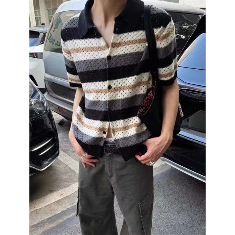 撞色复古条纹镂空针织polo衫设计修身短袖t恤上衣夏M1,男装针织衫/毛衣,星座1116A（原606A-3）