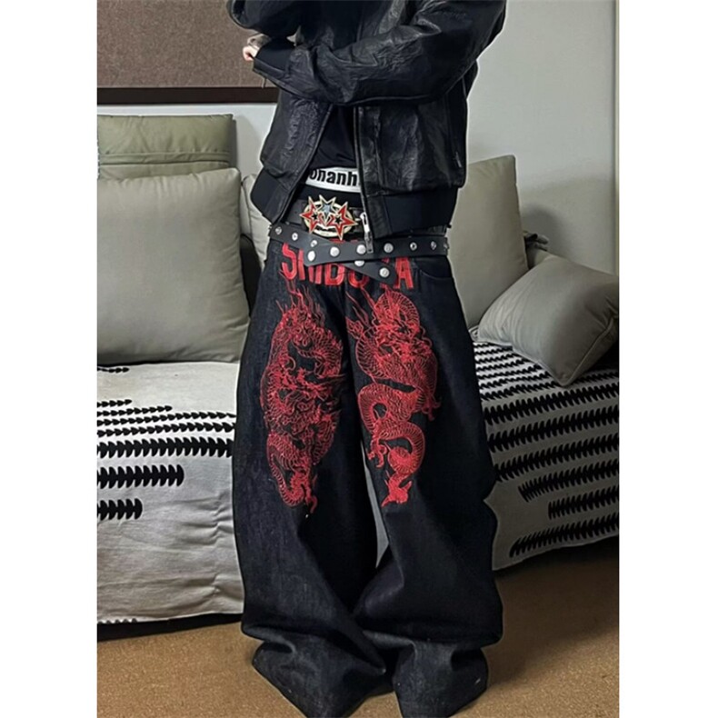 复古龙形印花牛仔裤女高街设计亚感宽松直筒阔腿拖地裤NG3168,男装牛仔裤,星座1116A（原606A-3）