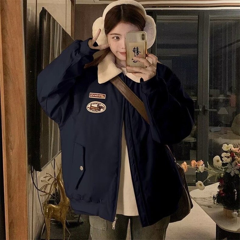 美式羊羔毛领棉服少女冬装2024新款初中高中学生宽松棉衣加厚外套,男装棉衣,星座506A