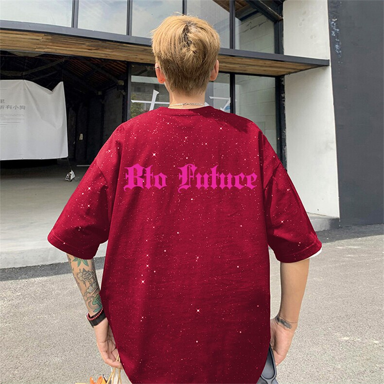 可48小时发货支持抖音得物来样二开美式满天星亮片短袖T恤MTX658,男装T恤,电商A486