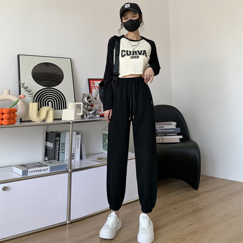 运动裤女2023新款灰色束脚卫裤小个子春秋休闲裤灯笼裤子,女装休闲裤,梦白服饰厂
