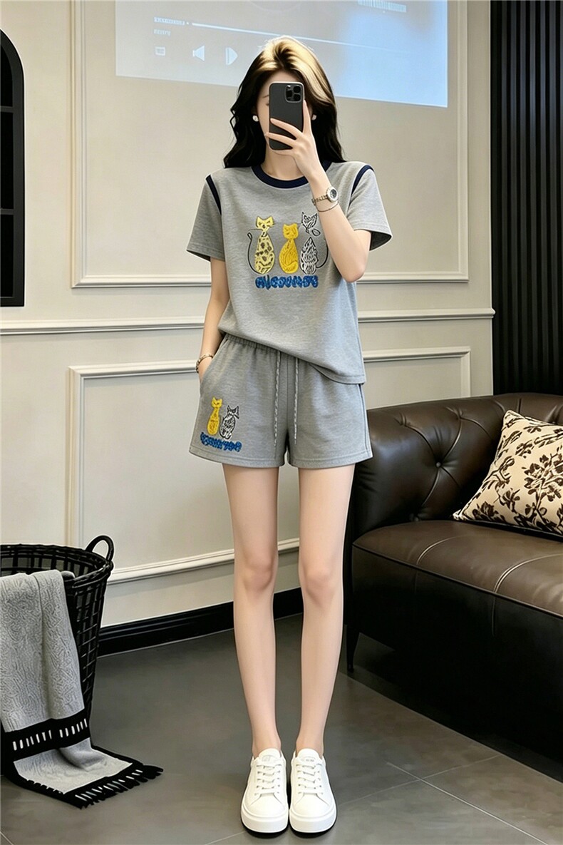 甜美时尚休闲套装女夏季新款显瘦圆领印花刺绣上衣阔腿短裤两件套,女装套装/套裙,江南