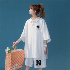 中性夏季潮流宽松华夫格运动风POLO衫T恤情侣套装TZ729P75控98，男装休闲套装，A247A