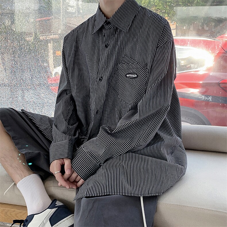日系条纹衬衫潮男秋季港风chic宽松潮流韩版dk制服衬衣W1099-P35,男装衬衫,星座512-4