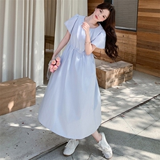 蓝色绝美漂亮泡泡袖连衣裙女2025年夏季新款法式温柔甜美收腰长裙，女装连衣裙，2C306