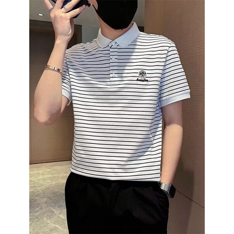 夏季男士翻领短袖T恤商务休闲半袖打底保罗POLO衫男青年条纹上衣t图片