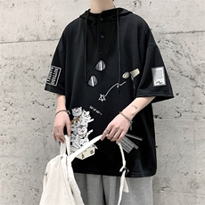LD54115-P45连帽短袖t恤男大码胖子带帽五分袖中袖大皂风，男装T恤，电商A040