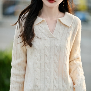 2025百搭时尚简约翻领麻花针织羊毛衫，女装羊毛衫，蒙特羊绒