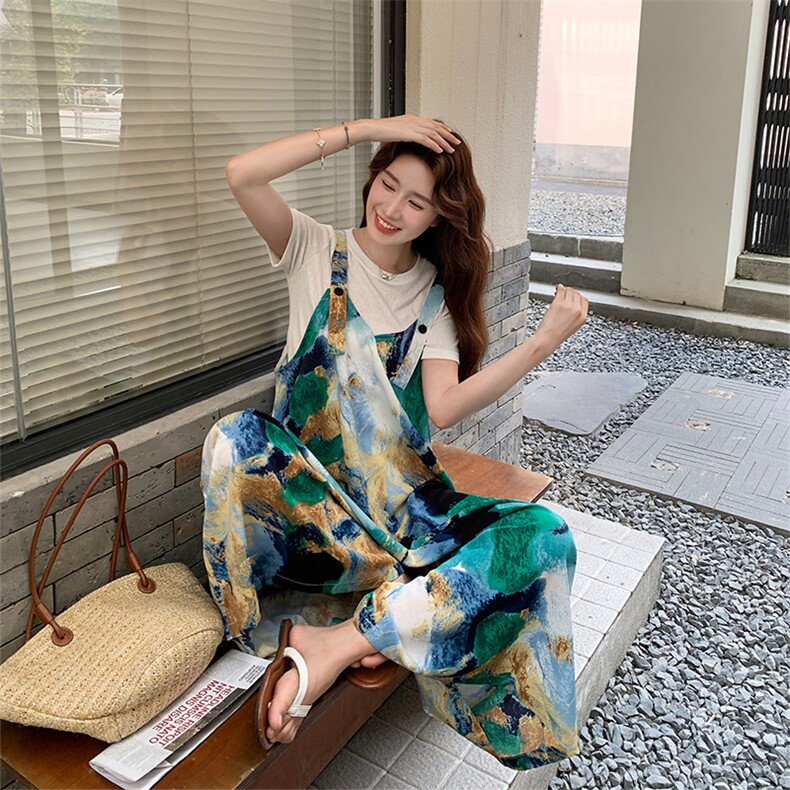 文艺风油画印花阔腿背带裤女2025夏季新款气质慵懒风休闲显瘦裤子,女装连体裤,2C285