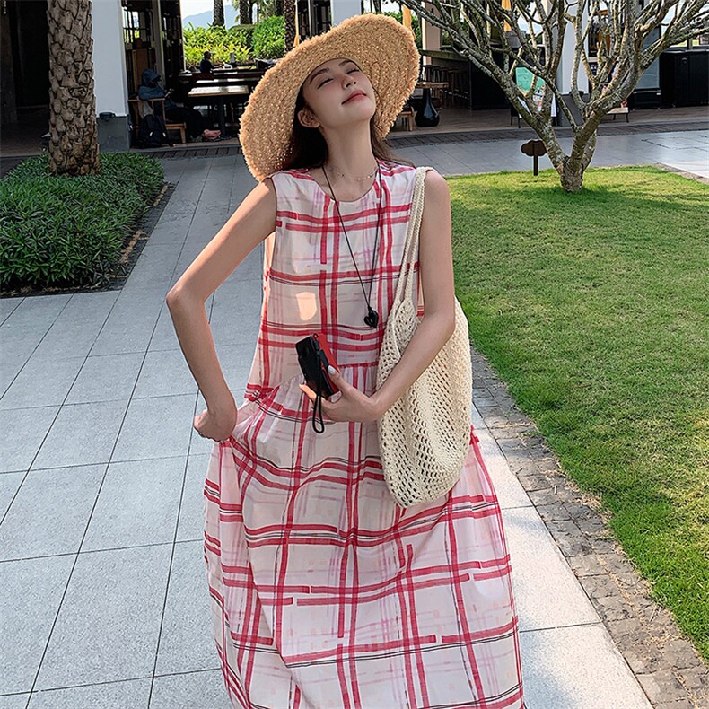甜美红色格子无袖背心连衣裙女夏2025新款独特绝美爆款高级感长裙,女装连衣裙,浙宝305