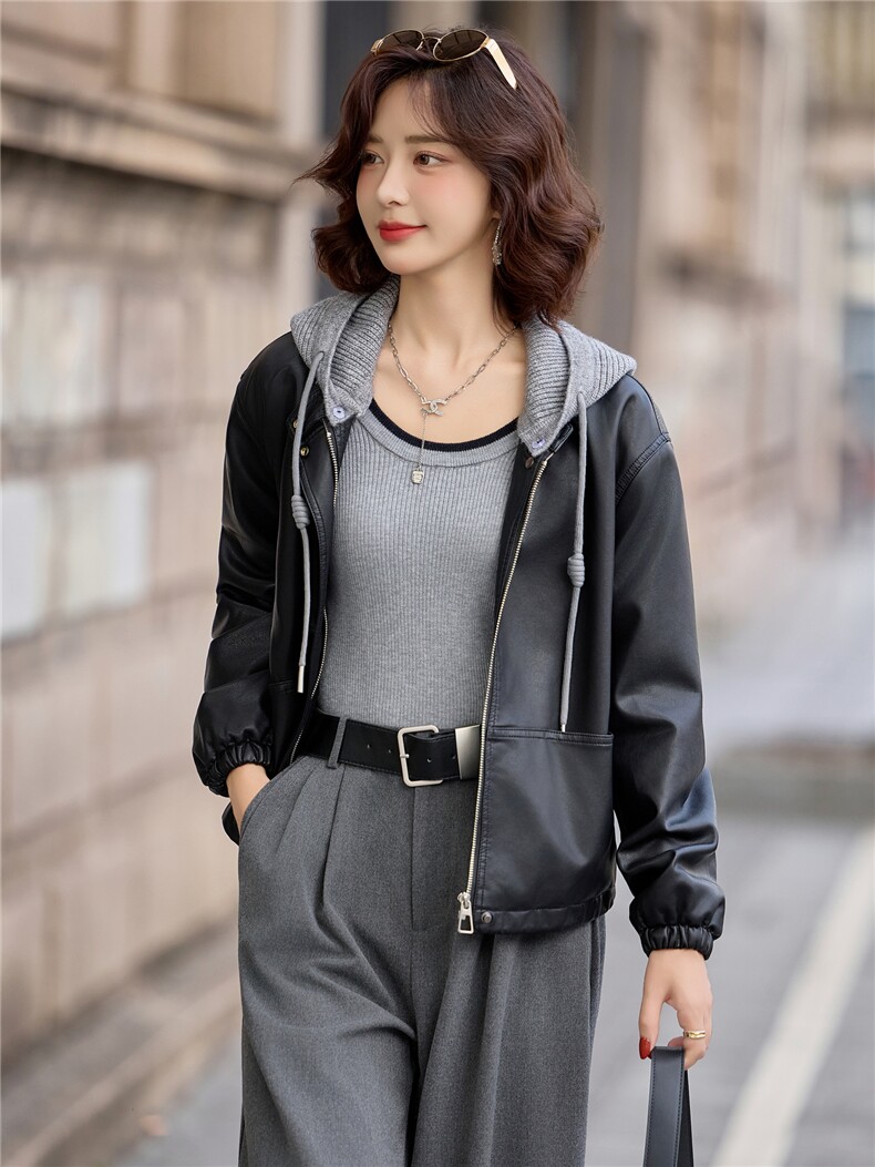 【冬季新款】大量现货时尚百搭可脱卸毛线帽加绒加厚皮棉外套,女装皮衣,缘衣格