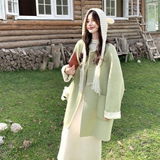 圆领宽松茧型高端羊绒双面呢大衣女秋冬新款中长款加厚毛呢外套，女装羊绒大衣，2C056