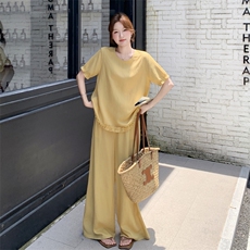 木耳边拼接短袖T恤套装女夏新款时尚慵懒风高腰阔腿裤穿搭两件套，女装套装/套裙，浙宝210（原浙宝191）