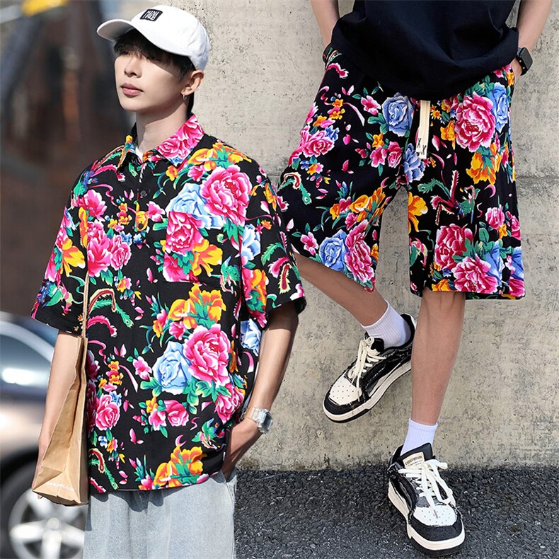 TZP风东北大花汉服套装polo衫短裤大码花TEE套装团队服休闲装,男装休闲套装,星座115A(原星座507）