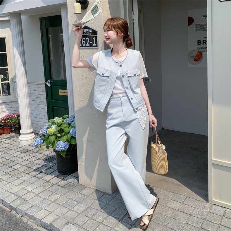 减龄氛围感马甲T恤阔腿裤套装女夏三件套韩系夏日穿搭流行巨好看,女装套装/套裙,吉娜